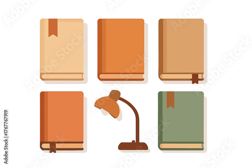 Set of closed hardcover books in various earthy colors with a classic adjustable desk lamp