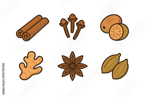 Collection of aromatic cooking spices including cinnamon cloves nutmeg and ginger