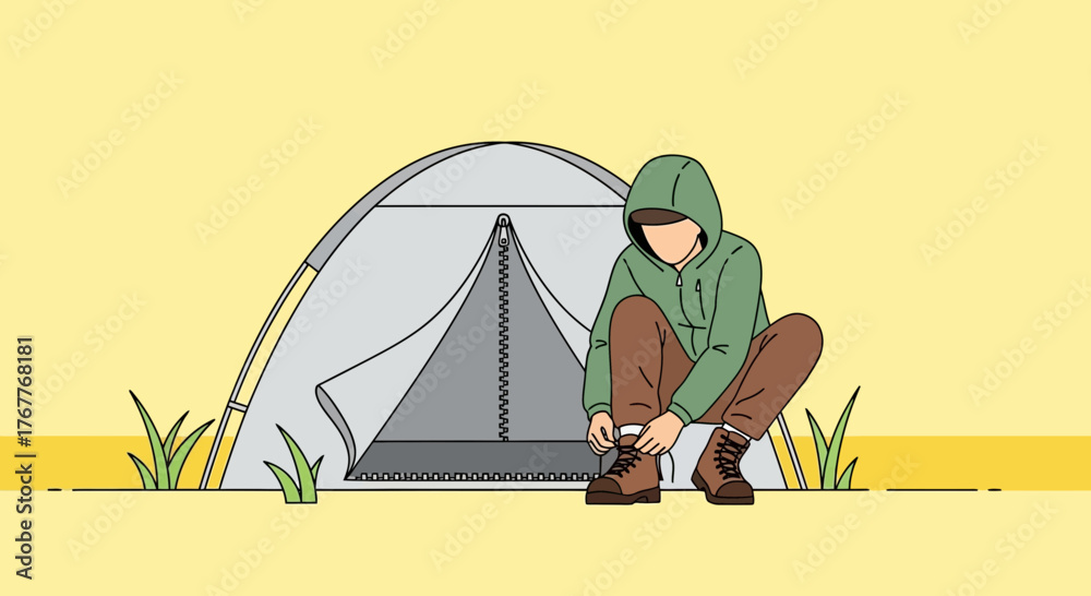 Obraz premium Camping Preparation: A Person Adjusting Boots Before Adventuring Outdoors At Campsite