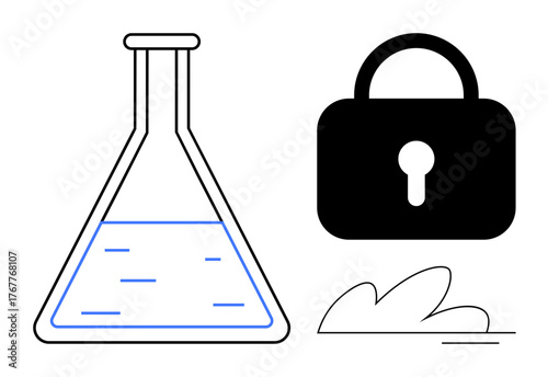 Laboratory flask partially filled with liquid next to a bold padlock and simple cloud-thumbs up detail. Ideal for science, research, cybersecurity, innovation, protection, privacy, and biotechnology