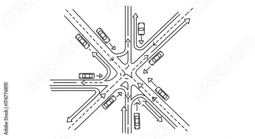 Conceptual Driving Illustration Of A Complex Intersection Showing Route And Vehicular Direction