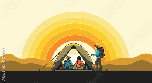 Camping Adventure: Illustrative Depiction of Family Hiking During Sunset Hours
