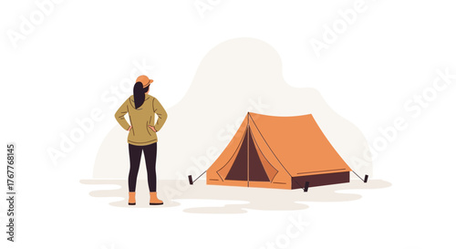 Camping Adventure: Solo Explorer Standing Beside an Orange Tent, Ready to Embark on Journey