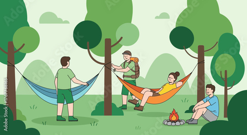 Camping in Nature: Enjoying Hammocks, Fire, Friends and Peaceful Moments Together