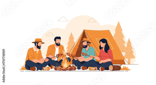 Camping Friends Enjoying Cookout and Leisure Time by the Campfire at Sunset