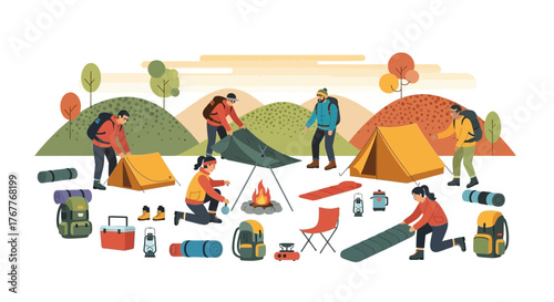 Camping Preparation: People Pitch Tents, Enjoying Nature And Preparing For Adventure