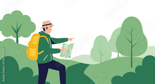 Cartoon Traveler in Nature Landscape Navigating with a Map And Backpack in Summer