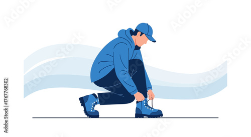 Cartoon Young Man Kneeling to Tie His Hiking Boot Laces Illustration