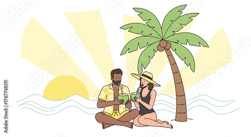 Couple Enjoying Beach Vacation Sipping Coconut Water Under Palm Tree Sunshine