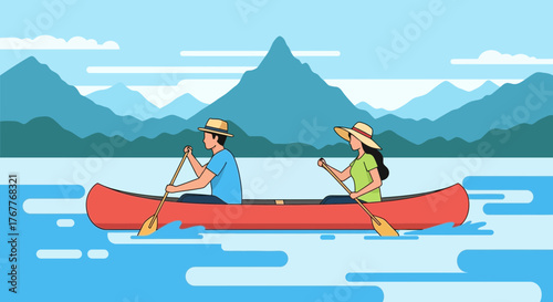 Couple Paddling Canoe on Calm Lake in Front of Majestic Mountains, Outdoor Recreation