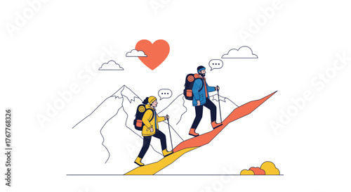 Couple Hiking Up Mountain Expressing Love and Adventure Together With Happy Thoughts