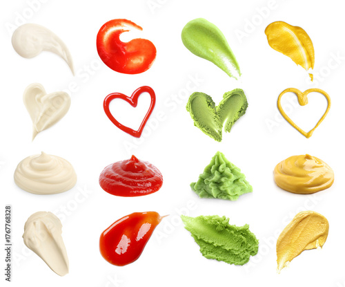 Mustard, mayonnaise, wasabi and ketchup on white background, set