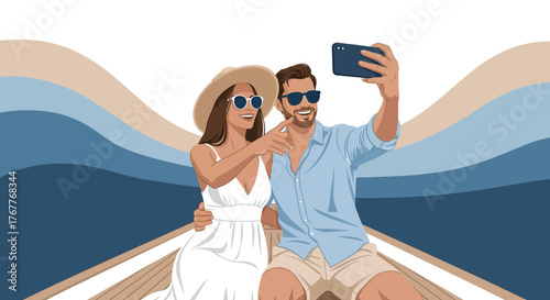 Couple Taking Selfie Enjoying A Peaceful Romantic Moment During Sunny Holiday Vacation