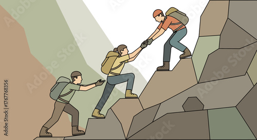 Courageous Climbers Offering a Helping Hand to Overcome Obstacles in Nature