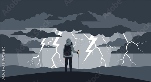 Courageous Hiker Witnessing Dramatic Lightning Storm Over Rugged Mountain Landscape
