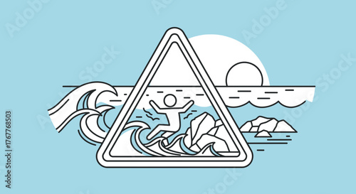 Coastal Hazards: Tsunami Warning Icon Depicting a Person Caught in the Waves
