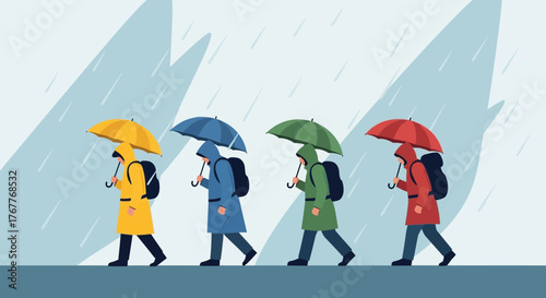 Colorful Raincoats And Umbrellas Personified Walking In The Downpour, Illustration