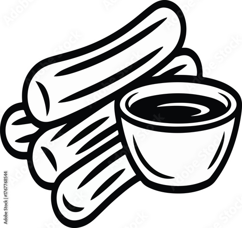 Spanish churros sketch with chocolate dipping sauce illustration