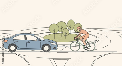 Cyclist And Car Sharing Road With Green Trees And Traffic, Illustration Drawing