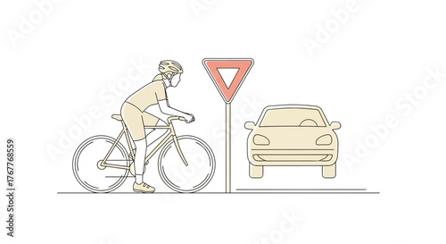 Cyclist Waits For Car At Yield Sign On Road For Road Safety And Cycling