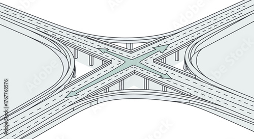 Complex Road Junction with Elevated Freeways and Directional Arrows Depicted