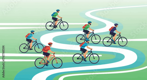Cyclists Riding Along Winding Path On A Vibrant Green Landscape For Fitness and Recreation