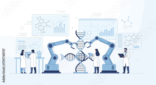 Futuristic genetic research and development concept with scientists using robots in a clean