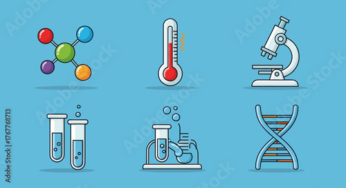 Illustrated science tools and elements symbolizing scientific research and discoveries exploration