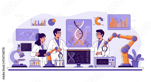 Scientific exploration and innovation: A vibrant illustration of researchers working in a lab
