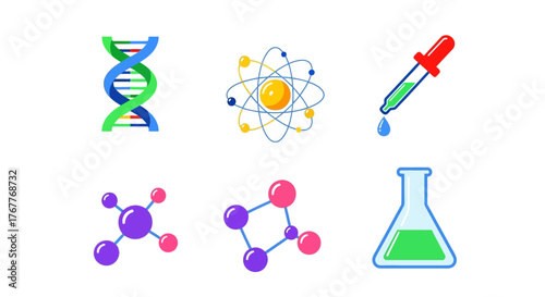 Depiction of essential scientific icons showcasing dna atom molecules and lab equipment