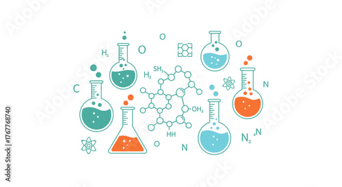 Whimsical chemistry: Illustration showcasing science with colorful flask and molecule designs