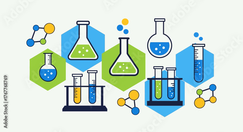 Illustrative Science Background with Colorful Laboratory Beakers and Molecule Structures