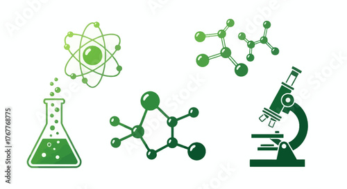 Illustrative green chemistry elements on white background demonstrating scientific analysis