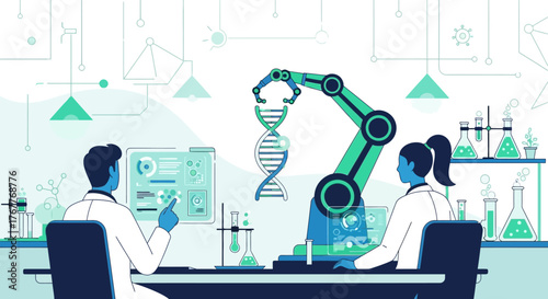 Illustration depicts scientists analyzing dna with robotic arm in modern laboratory setting