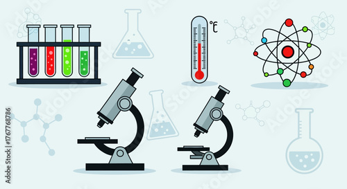 Stylized science lab equipment illustrations showcasing research and experimentation tools