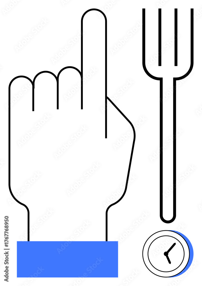 Fototapeta premium Hand raising one finger beside a fork and clock, symbolizing meal timing, manners, punctuality, and healthy eating habits. Ideal for dining, lifestyle guidance, routines, and nutrition simple flat