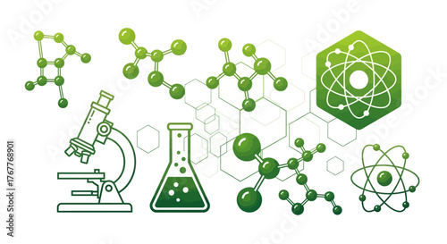 Elegant science illustration featuring molecular structures and a microscope laboratory design