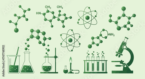 Illustration of complex chemical structures and science lab equipment used in scientific experiments