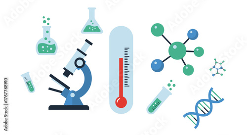 Illustrative science themed graphic featuring a microscope, thermometer and glassware chemistry