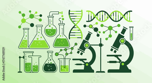 Green Hues of Scientific Exploration: An array of laboratory equipment and molecule structures