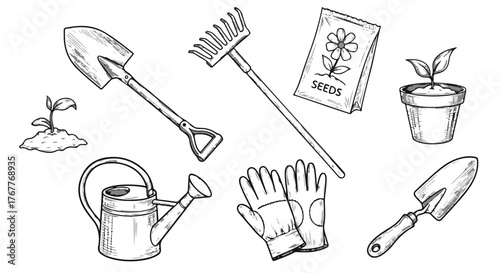 Gardening tools and supplies for planting and nurturing
