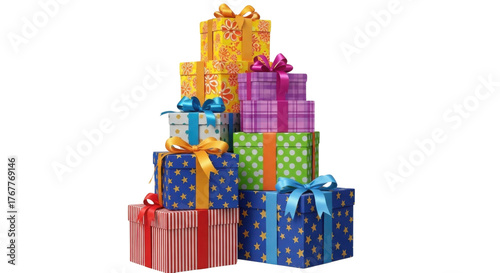 Pile of colorful wrapped gift boxes for holiday celebrations isolated PNG with Transparent Background