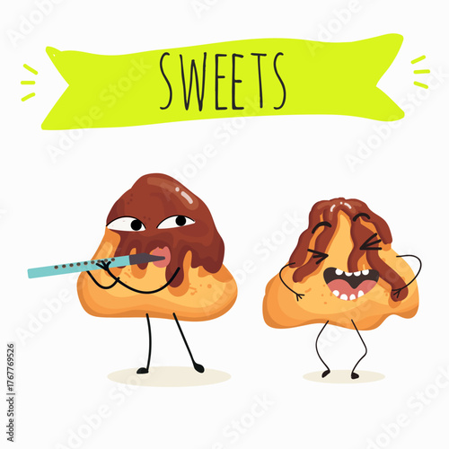 Tasty ice creams, ice-cream cones and popsicle, funny characters, hand drawn vector illustration.