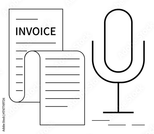 Microphone and invoice document illustrating audio-based billing processes. Ideal for finance, automation, AI, business, efficiency, innovation, voice commands, simple flat metaphor