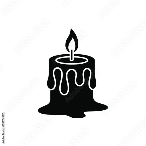 Silhouette of Burning Candle with Melting Wax in Black Isolated on White Background
