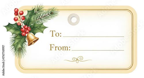 Gift tag with holly berries and golden bell design for 