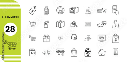 Hand drawn icons representing e commerce and online shopping concepts in a simple sketch style