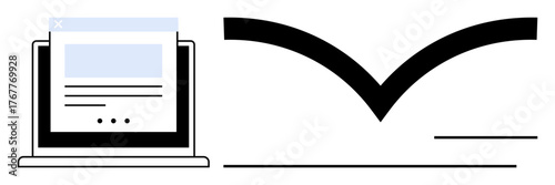 Computer with webpage next to open book symbolizes e-learning, knowledge sharing, and digital transformation. Ideal for education, technology, communication, innovation, research, study creativity