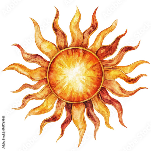watercolor vector of Sun Symbol Pendant, isolated on a white background.