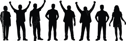 Silhouettes of diverse people, standing together, raising arms, casual and formal attire, unity, diversity, posture, expression, human figures, group